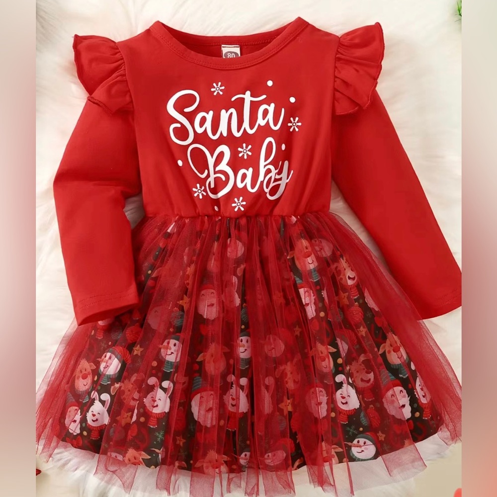 Baby Girls Mesh Dress Christmas Letter Snowman Print Long Sleeve Round Neck
